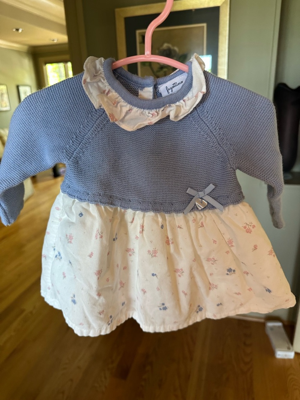 Blue Knit Bodice White Floral Skirt Baby Dress